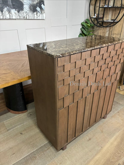A dark brown John Lewis Check drinks cabinet featuring dark-stained oak doors with a geometric check pattern and a polished brown Emperador marble top.