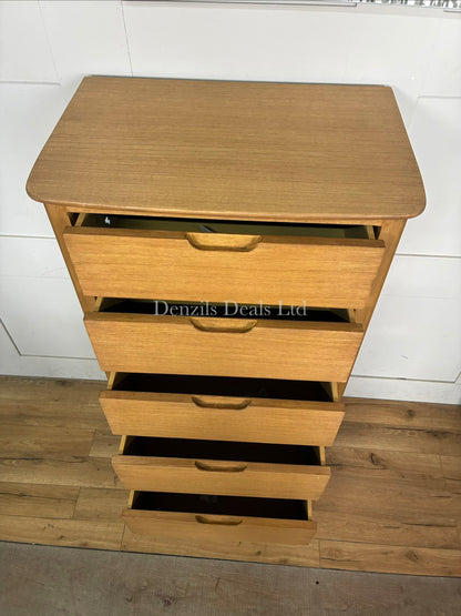 A front view of the Fishie & Lilly Norway solid oak 5-drawer chest of drawers against a white background.