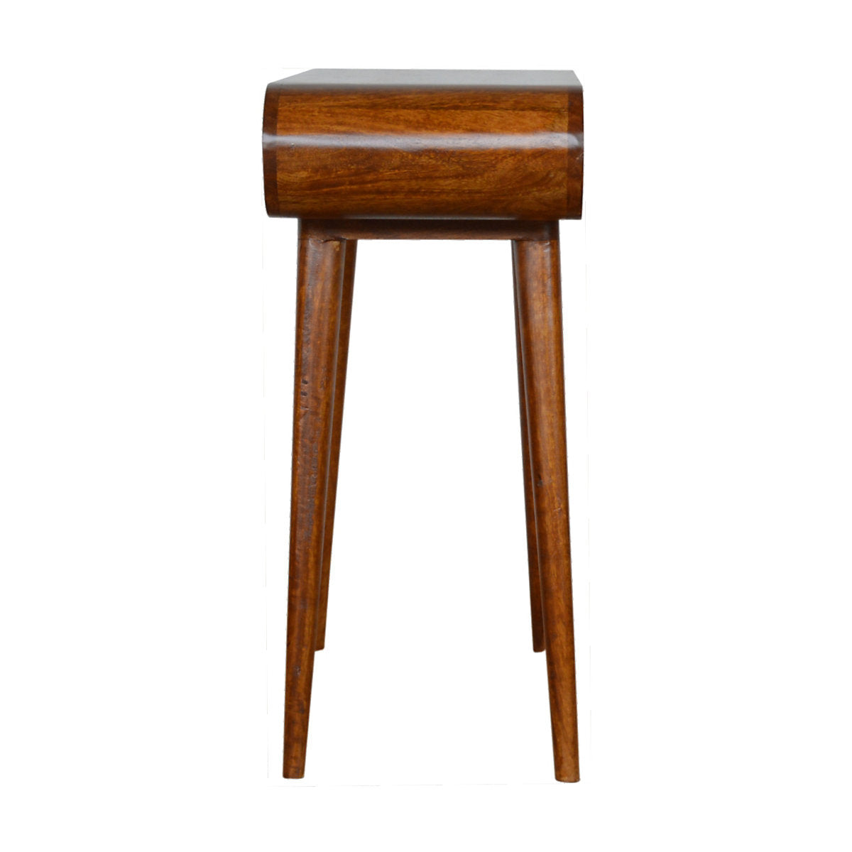 : A mid-century modern style console table made of solid mango wood with a rich chestnut finish, featuring a unique curved pill-shape top, two seamless drawers with small metallic knobs, and four tapered wooden legs.