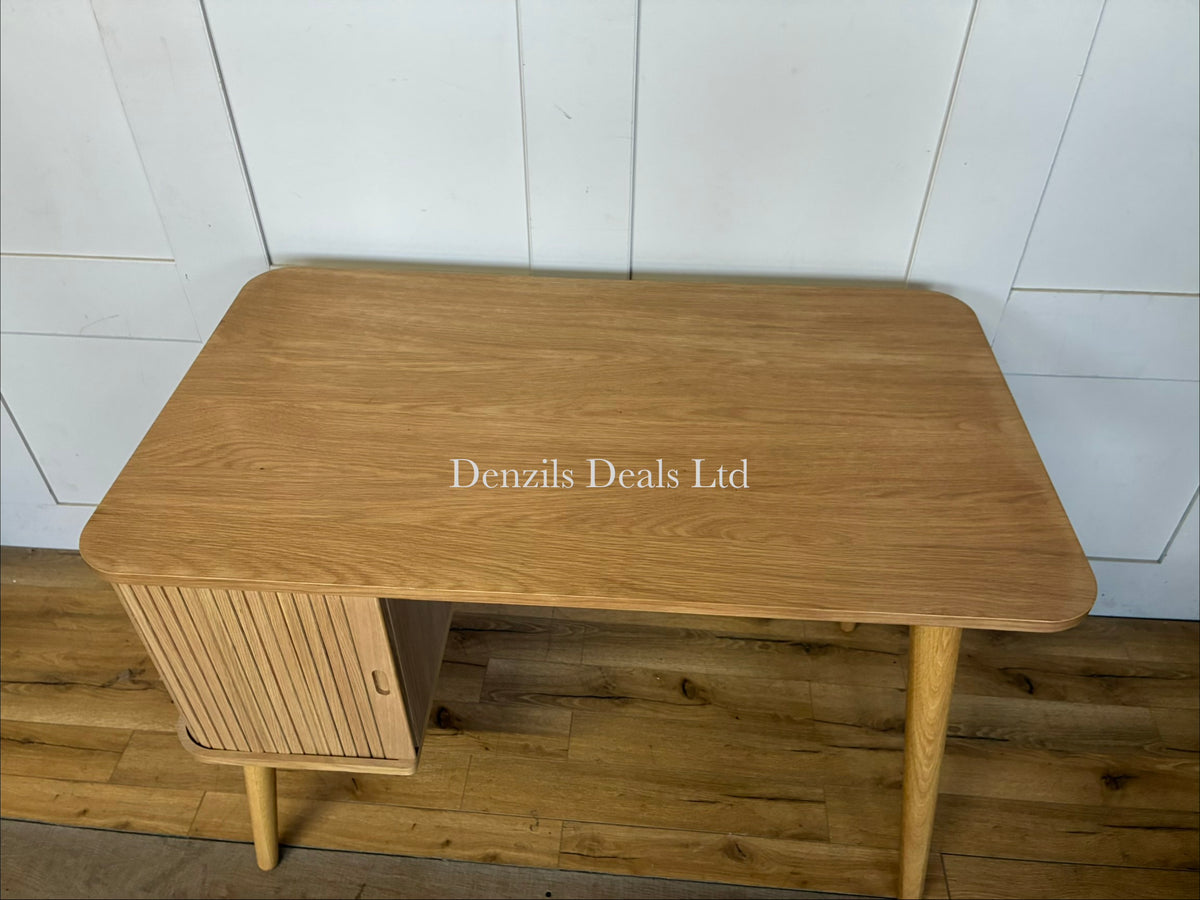 A mid-century modern wooden bureau writing desk with a pull-out work surface, a drop-down or sliding front, and soft-close lower cupboard doors with internal shelving