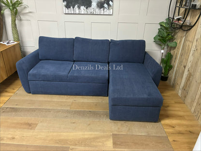 A modern, three-seater John Lewis Sansa chaise sofa bed upholstered in fabric, featuring a modular two-section design with wooden legs and either splayed or scroll arms.