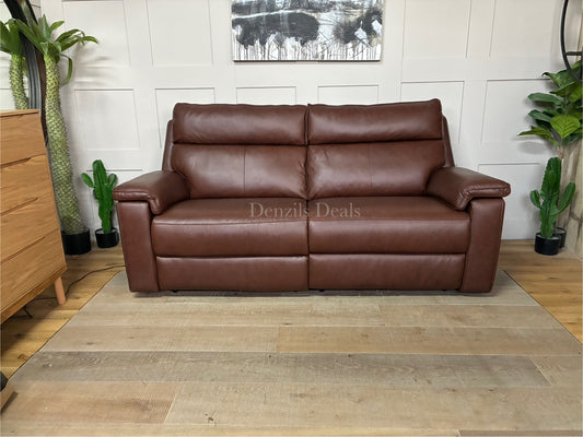 A modern 3-seater electric recliner sofa upholstered in smooth, rich chestnut brown leather from the Selby range, featuring sleek lines, wide armrests, and contrasting stitch details along the back and seat cushions