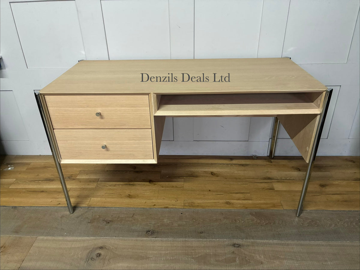A modern John Lewis Hansen desk made of light natural oak wood, featuring a clean-lined rectangular top, two integrated drawers, an open storage shelf, and slim, square timber legs.