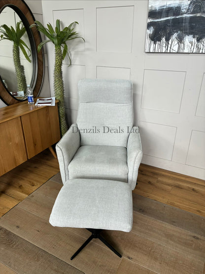 A modern John Lewis Relaxed manual recliner armchair and matching square footstool upholstered in a soft, textured grey chenille fabric, featuring minimalist slender black metal legs