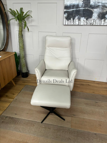 A modern John Lewis Relaxed manual recliner armchair and matching footstool upholstered in natural leather with sleek black metal legs