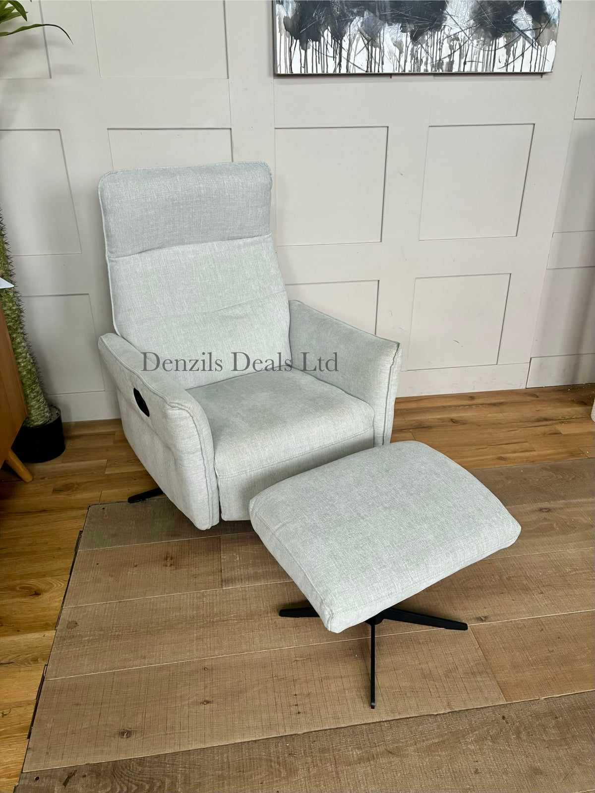 A modern John Lewis Relaxed manual recliner armchair and matching square footstool upholstered in a soft, textured grey chenille fabric, featuring minimalist slender black metal legs