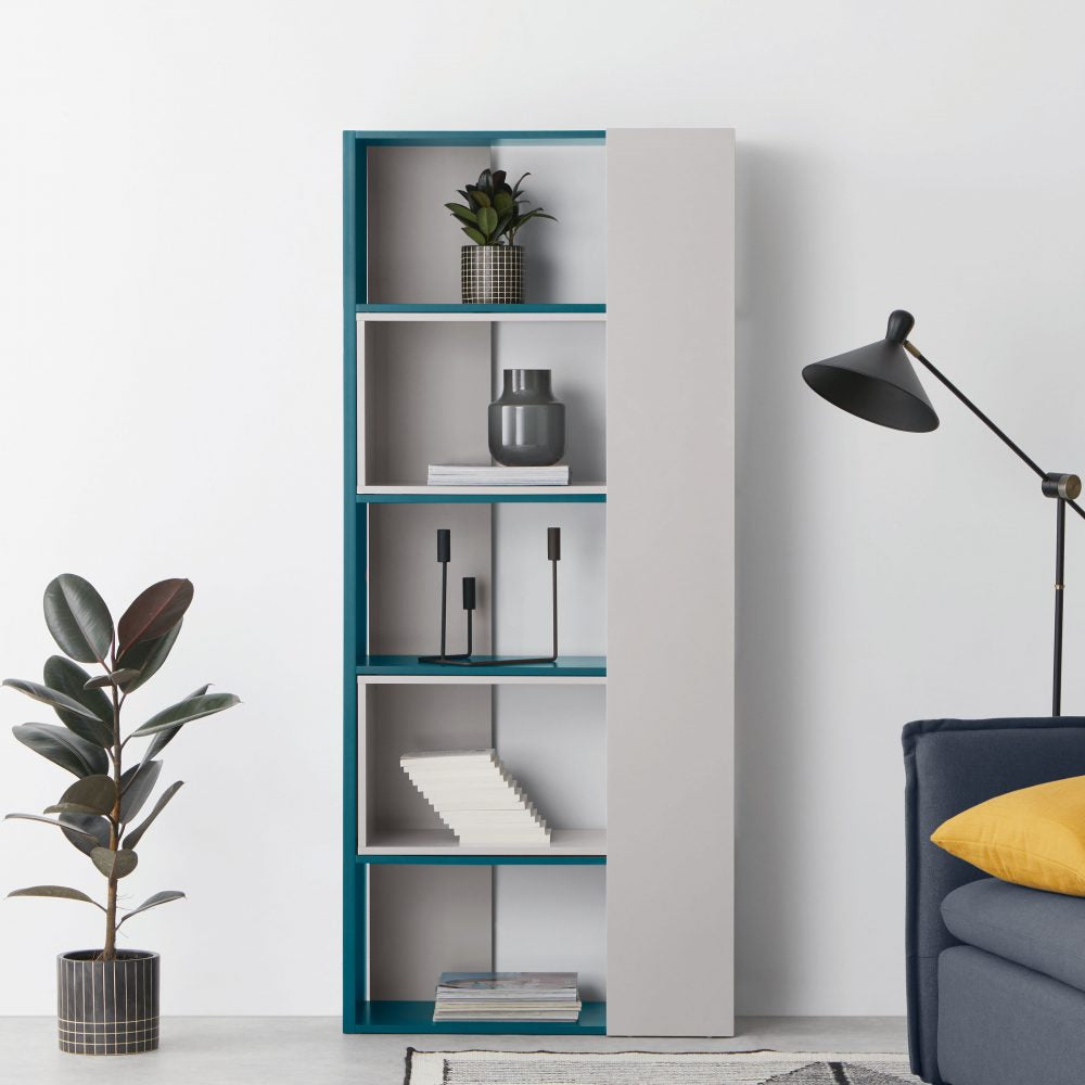 A modern grey extendable geometric shelving unit from MADE.COM featuring staggered open compartments and an adjustable overlapping design