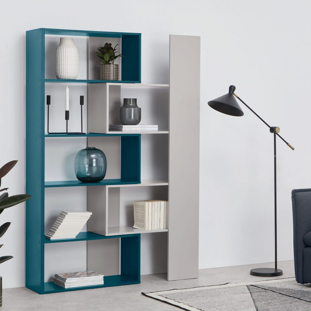 A modern grey extendable geometric shelving unit from MADE.COM featuring staggered open compartments and an adjustable overlapping design