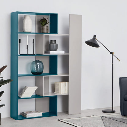 A modern grey extendable geometric shelving unit from MADE.COM featuring staggered open compartments and an adjustable overlapping design