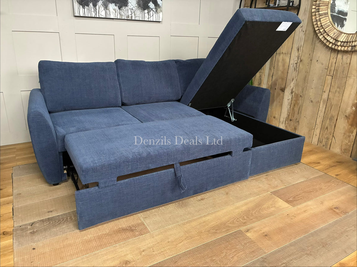 A modern, three-seater John Lewis Sansa chaise sofa bed upholstered in fabric, featuring a modular two-section design with wooden legs and either splayed or scroll arms.