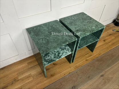 A pair of Anthropologie Gia Open Side Tables crafted from solid green marble with distinct natural veining.