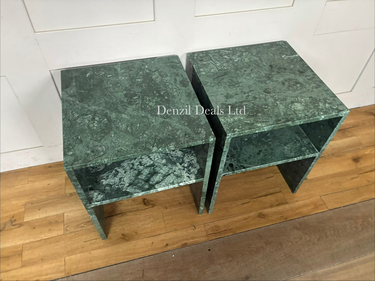 A pair of Anthropologie Gia Open Side Tables crafted from solid green marble with distinct natural veining.