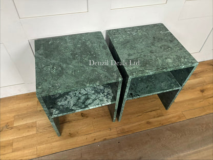 A pair of Anthropologie Gia Open Side Tables crafted from solid green marble with distinct natural veining.