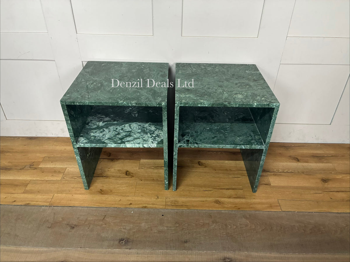A pair of minimalist Anthropologie Gia open side tables handcrafted from solid green marble with clean geometric lines