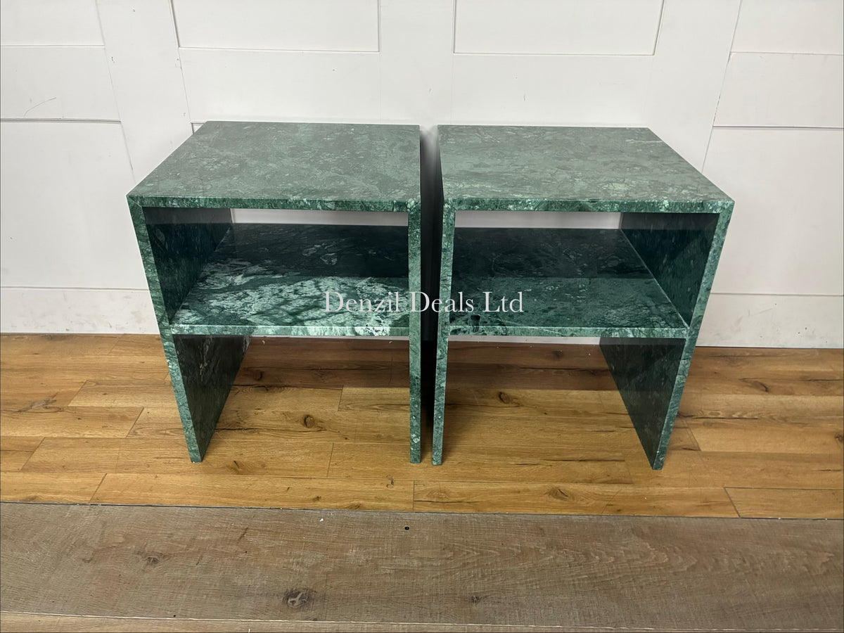 A pair of minimalist Anthropologie Gia open side tables handcrafted from solid green marble with clean geometric lines