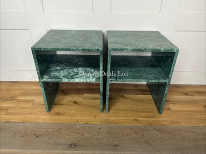 A pair of minimalist Anthropologie Gia open side tables handcrafted from solid green marble with clean geometric lines
