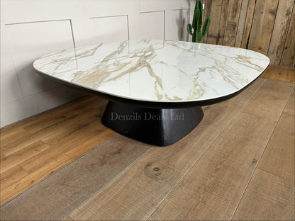 Allegria square coffee table by Nick Scali, designed with a curved silhouette, glossy ceramic surface, and a fluted smoked oak pedestal base.