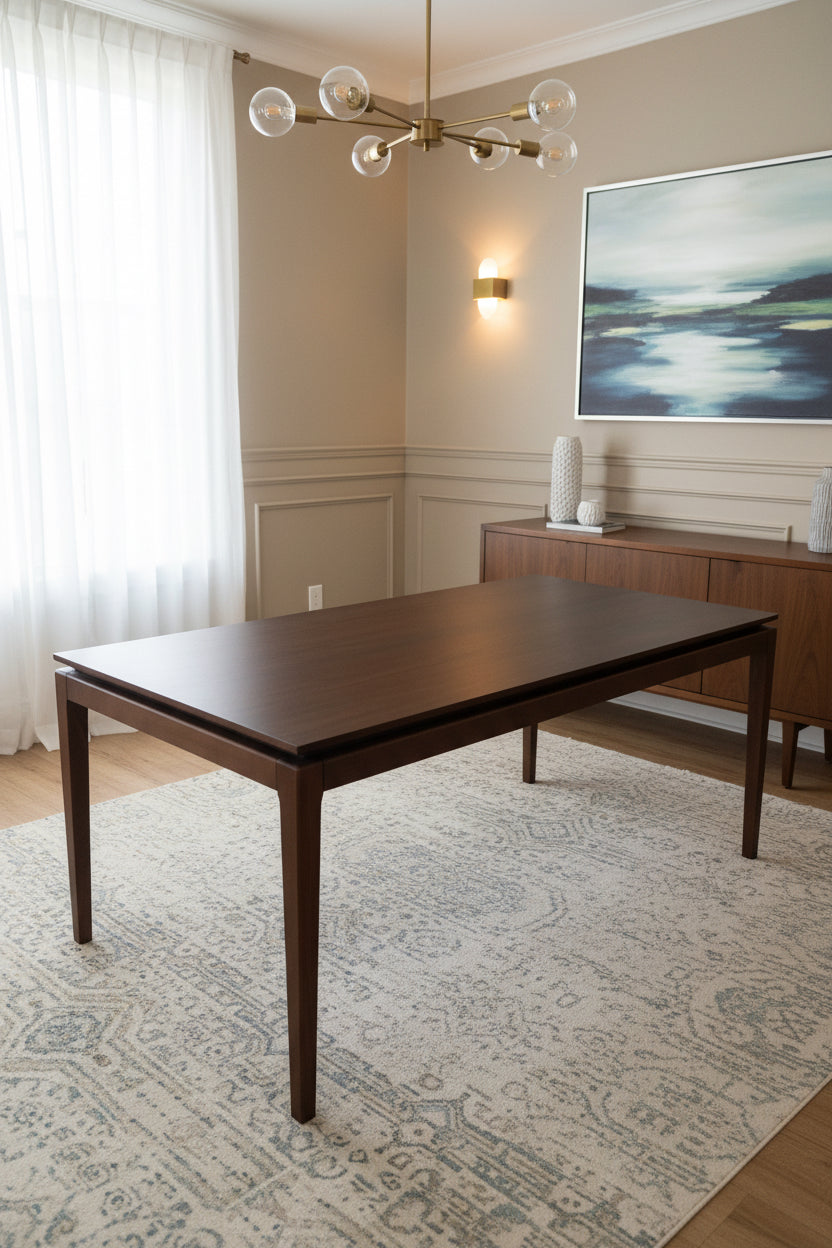An AM.PM Yolo extendable rectangular dining table crafted from rich, dark walnut wood, seating 6 to 10 people, featuring clean lines and a smooth wooden tabletop.