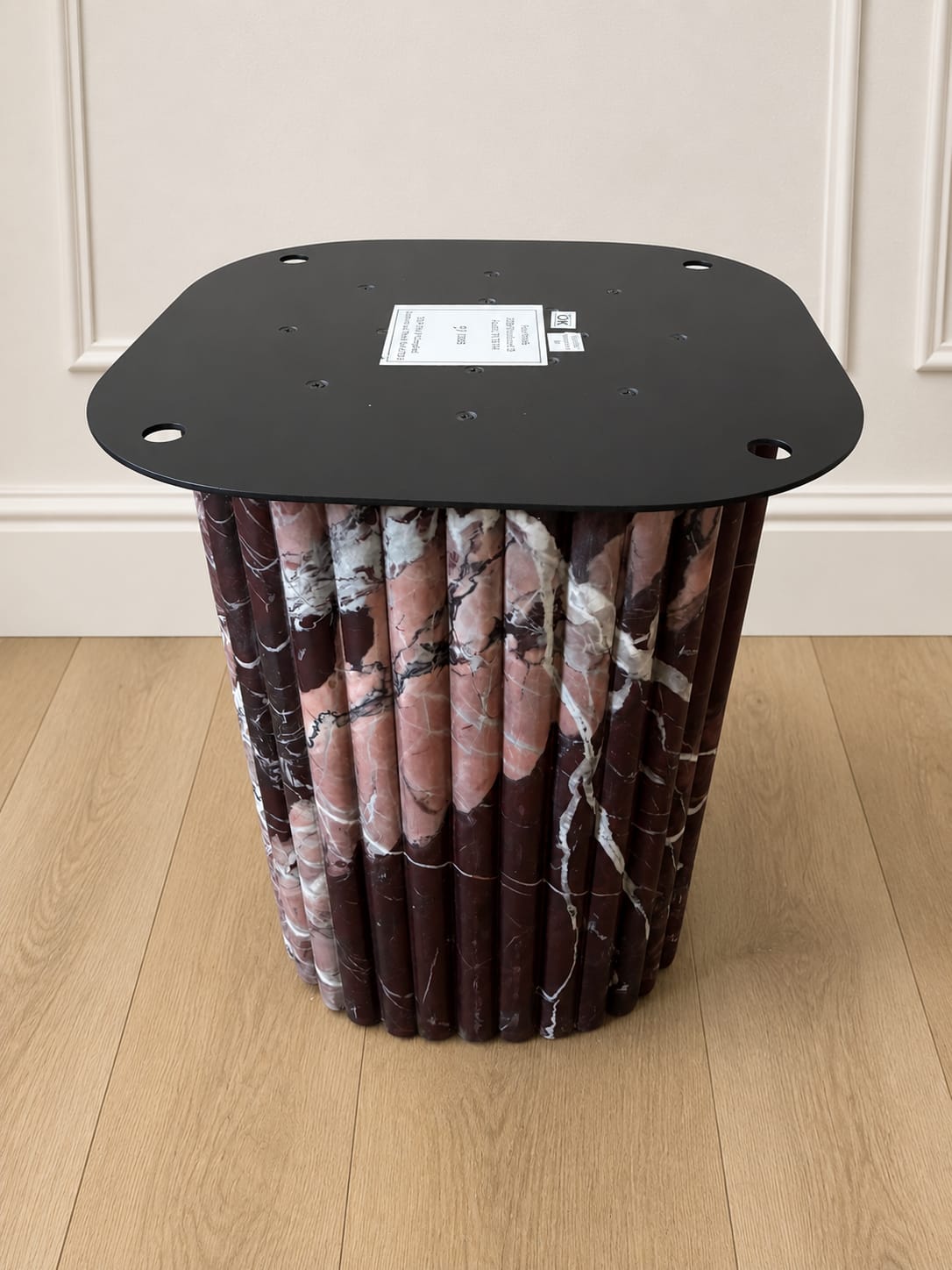 Anthropologie Kanta square 18-inch side table base made of rich Merlot-coloured marble with a heavily veined, smooth square top and a chunky, cylindrical fluted pedestal base