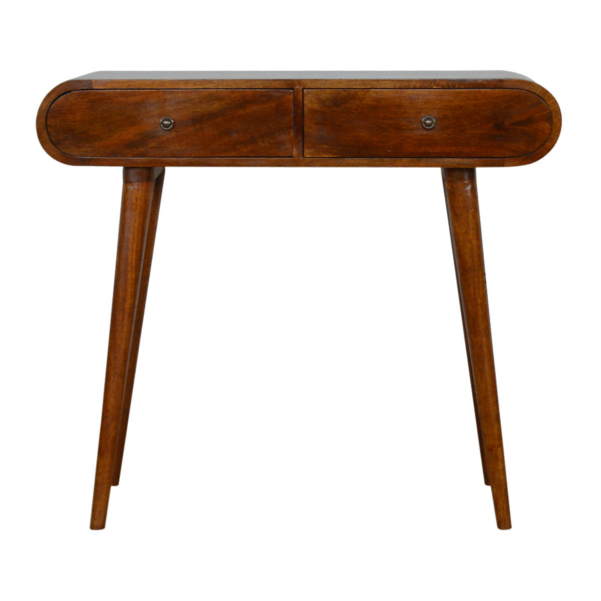 Artisan Furniture solid mango wood London console table in a rich chestnut finish with two drawers, rounded edges, and Nordic-style legs.