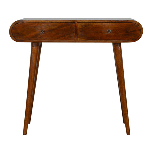 Artisan Furniture solid mango wood London console table in a rich chestnut finish with two drawers, rounded edges, and Nordic-style legs.