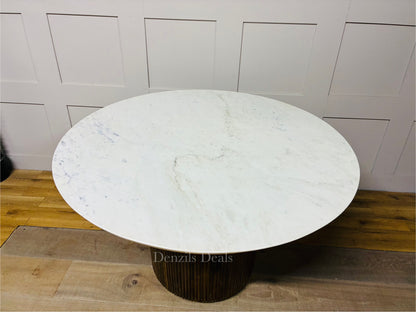 Amelie  White Marble 120cm Round Dining Table with Wave Mango Wood Base Rrp £934