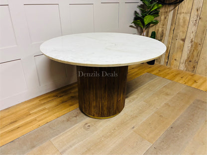 Amelie  White Marble 120cm Round Dining Table with Wave Mango Wood Base Rrp £934