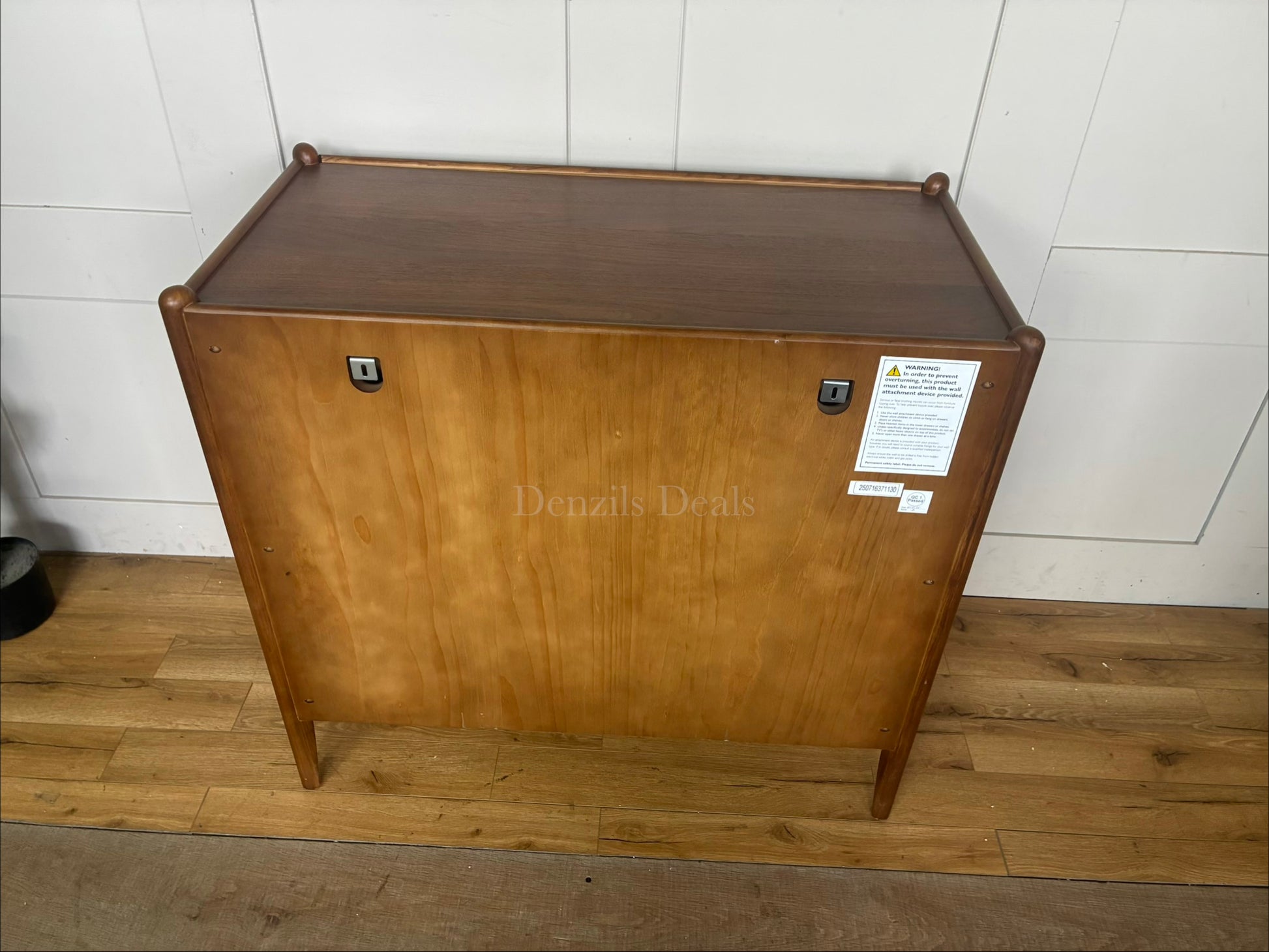 Back view of the John Lewis Scandi 3-drawer storage chest, featuring a minimalist Scandinavian design with rounded posts, flared legs, and a rich walnut-stained ash and pine finish