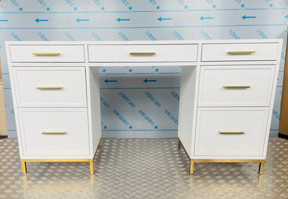 Close-up of the Blaire smart storage desk, highlighting smooth white wood finish and metallic gold hardware."
