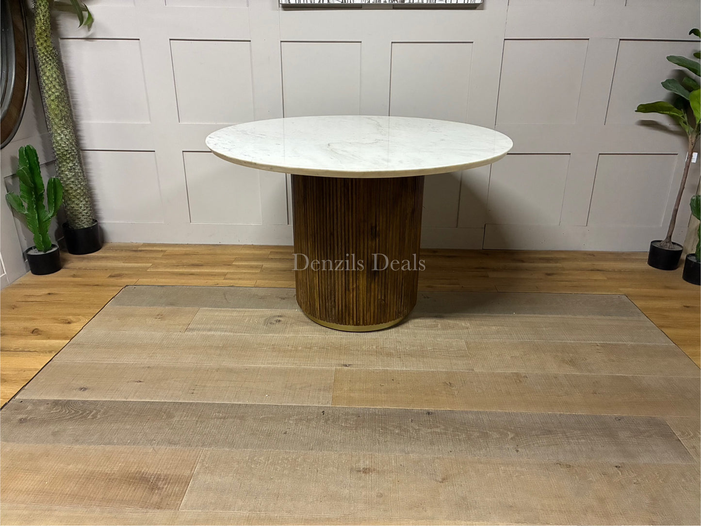 Amelie  White Marble 120cm Round Dining Table with Wave Mango Wood Base Rrp £934