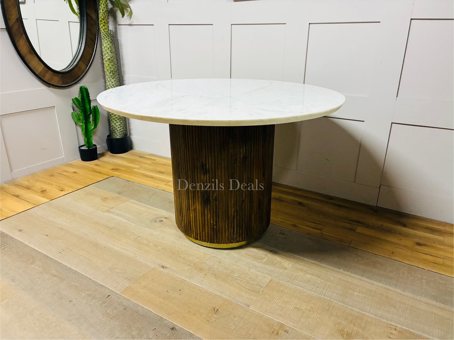 Amelie  White Marble 120cm Round Dining Table with Wave Mango Wood Base Rrp £934