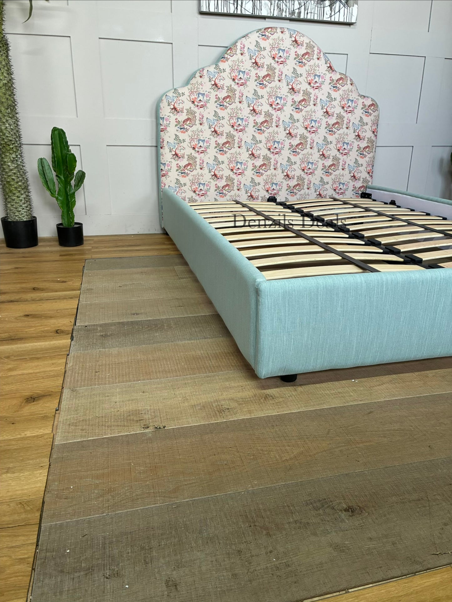 Cath Kidston Flounce double bed frame in Strawberry Garden fabric, exclusively from DFS. A handcrafted upholstered bed with a statement cloud-curved headboard