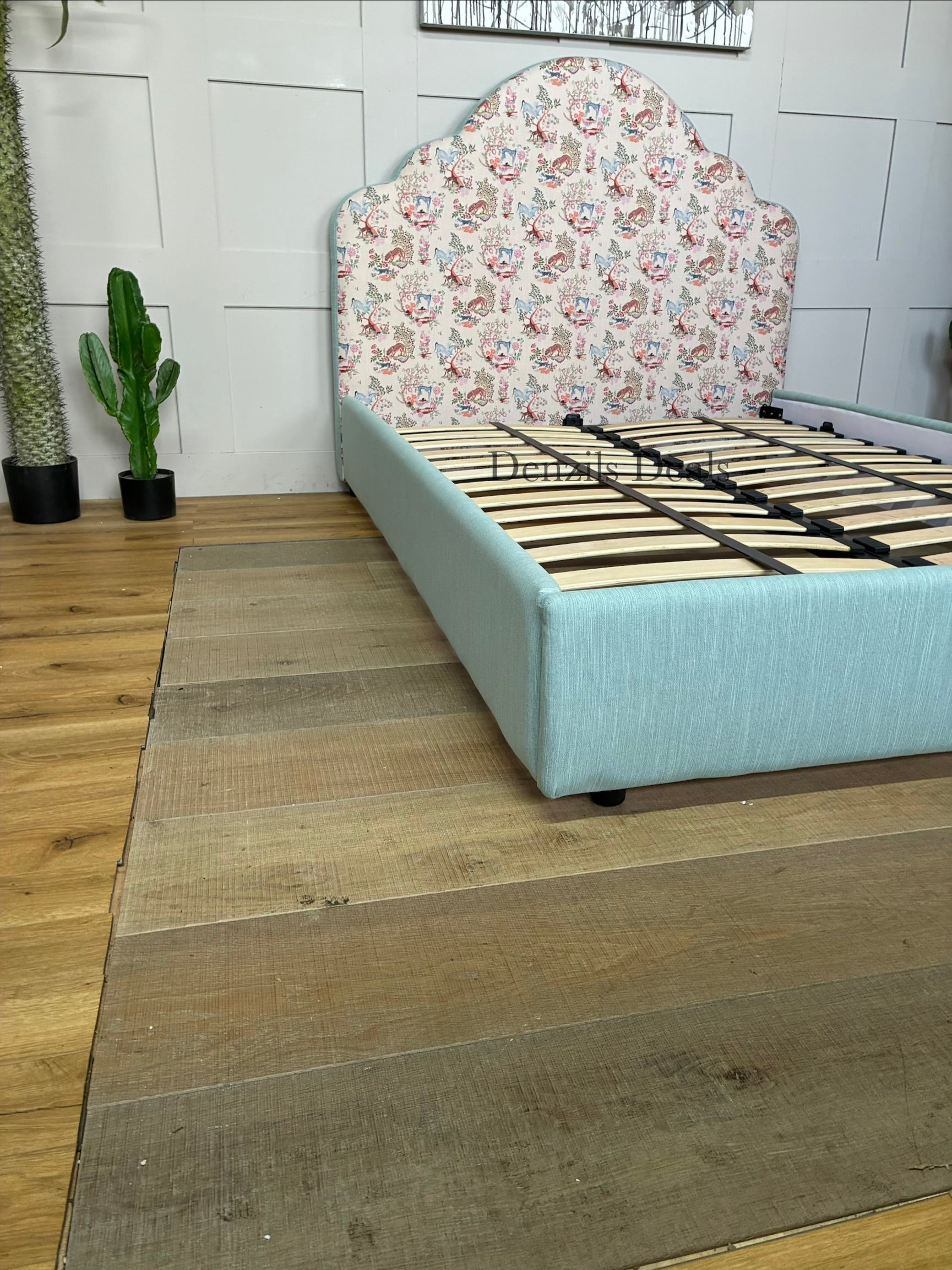 Cath Kidston Flounce double bed frame in Strawberry Garden fabric, exclusively from DFS. A handcrafted upholstered bed with a statement cloud-curved headboard