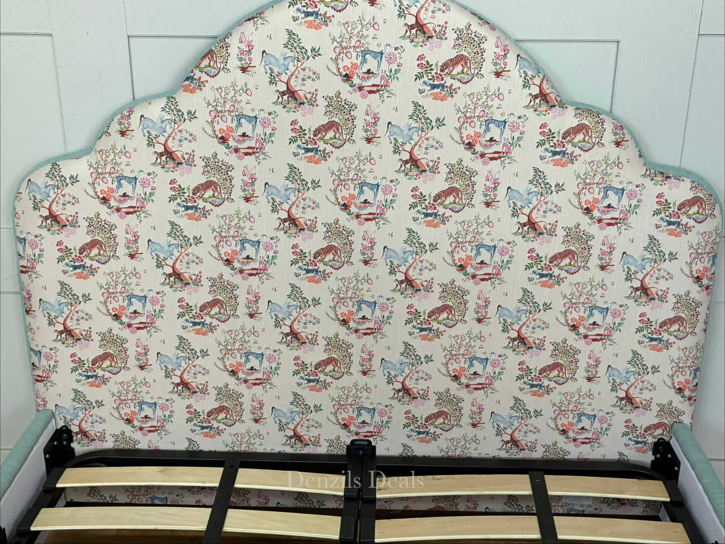 Cath Kidston Flounce double bed frame in Strawberry Garden fabric, exclusively from DFS. A handcrafted upholstered bed with a statement cloud-curved headboard