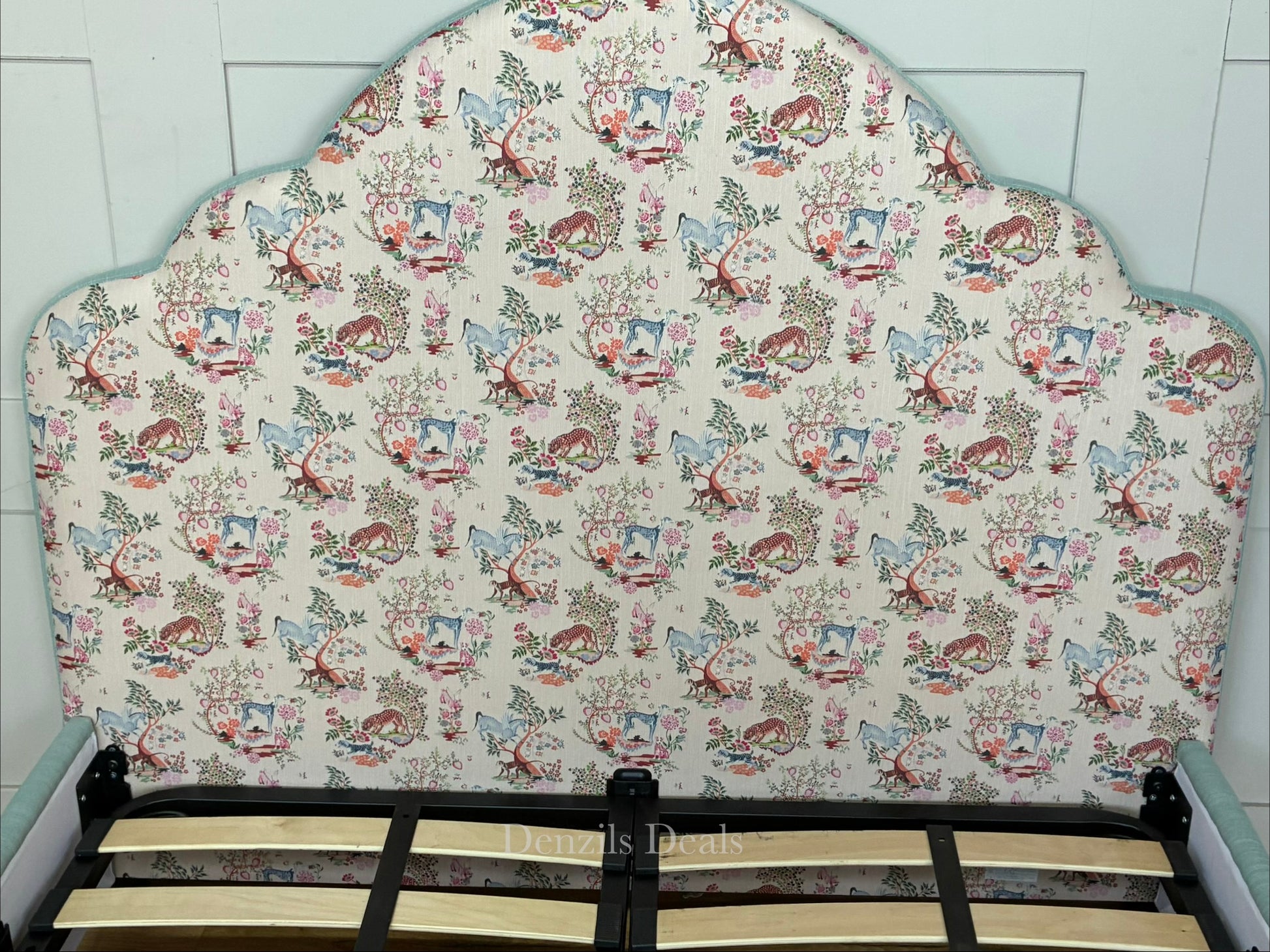 Cath Kidston Flounce double bed frame in Strawberry Garden fabric, exclusively from DFS. A handcrafted upholstered bed with a statement cloud-curved headboard