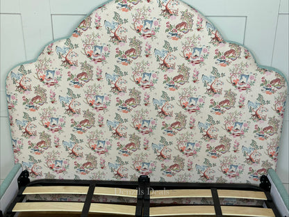 Cath Kidston Flounce double bed frame in Strawberry Garden fabric, exclusively from DFS. A handcrafted upholstered bed with a statement cloud-curved headboard