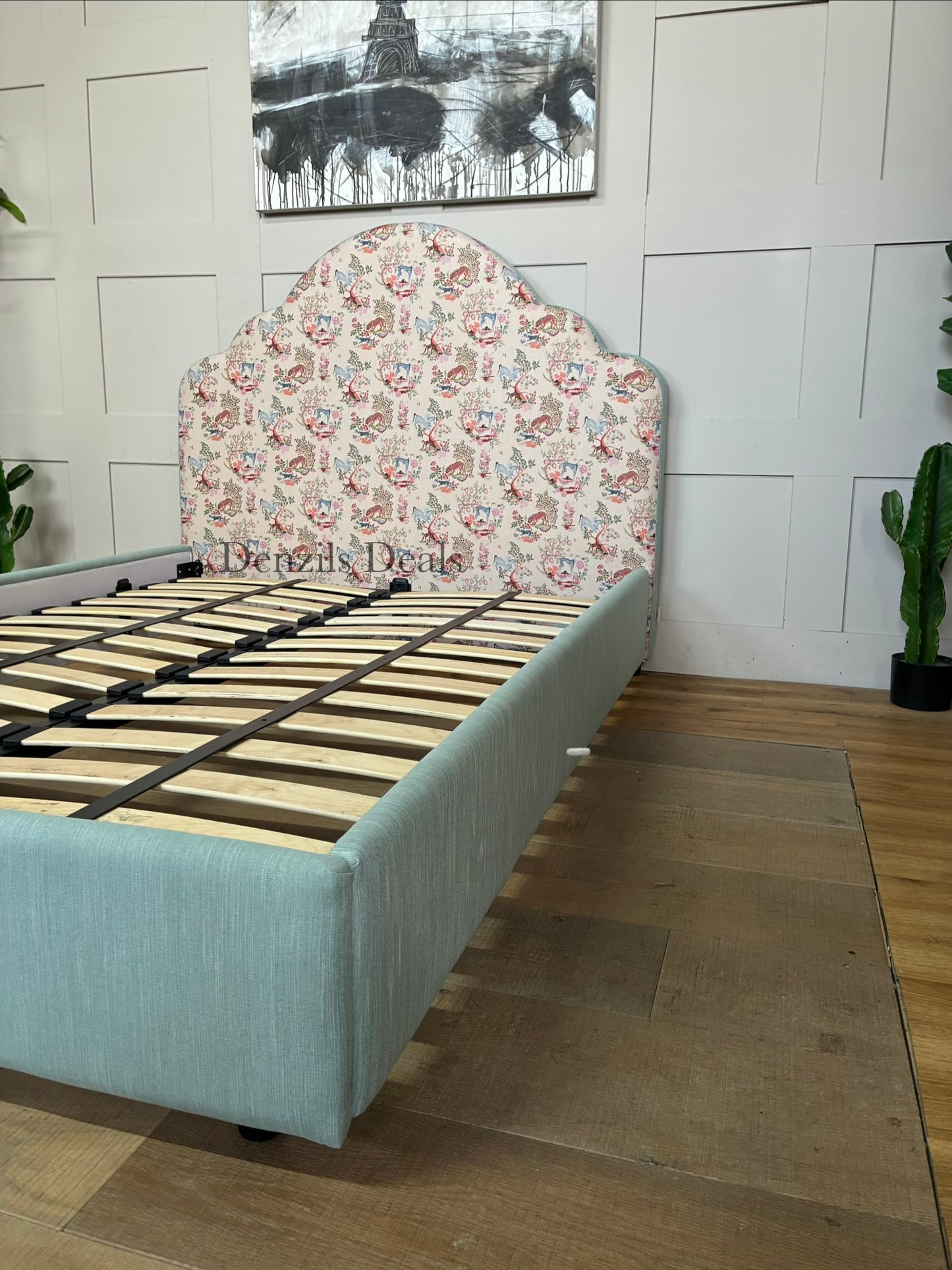 Cath Kidston Flounce double bed frame in Strawberry Garden fabric, exclusively from DFS. A handcrafted upholstered bed with a statement cloud-curved headboard