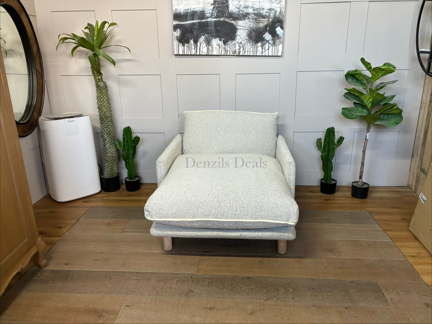 Cozmo Cosy 1.5 Seater Chaise Snuggler, Ecru Boucle Natural Piping with Feather and foam filling for a long, comfortable sit