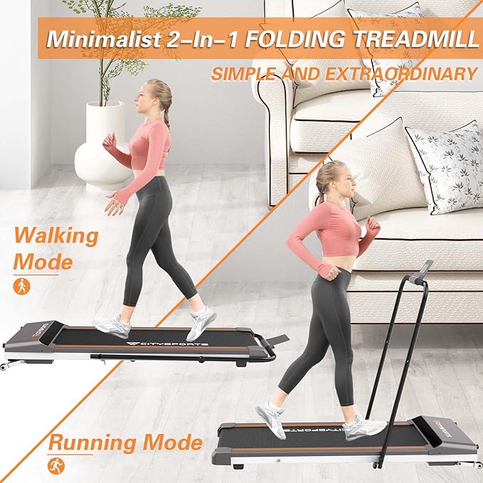 Black Citysports folding walking pad treadmill set up under a standing desk in a home office, showing its slim profile and digital LED display.