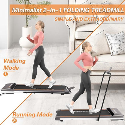 Black Citysports folding walking pad treadmill set up under a standing desk in a home office, showing its slim profile and digital LED display.