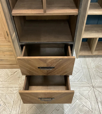 Close-up of the natural wood grain and drawer handles on a Livingfun teak 2-drawer display cabinet. Showing close up view on drawers