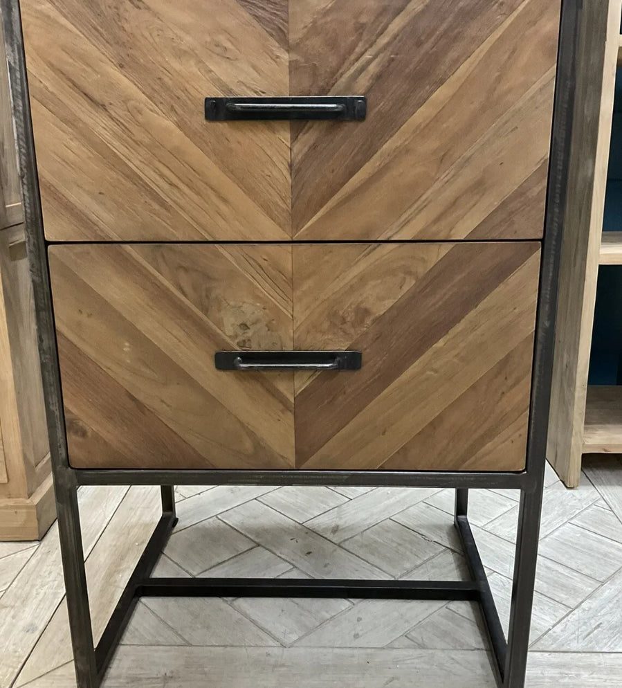 Close-up of the natural wood grain and drawer handles on a Livingfun teak 2-drawer display cabinet.