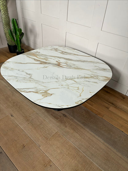 Close up of Nick Scali Allegria square coffee table with a white marble-look ceramic top, rounded corners, and a smoked oak fluted base.
