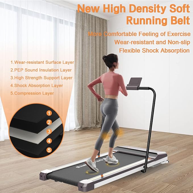 Compact 2.5 horsepower under-desk walking pad folded flat, showcasing its space-saving design for home or office use.