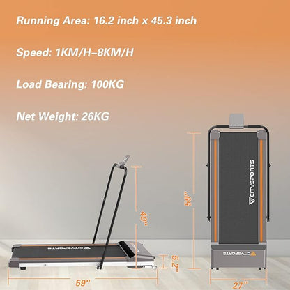 Compact 2.5 horsepower under-desk walking pad folded flat, showcasing its space-saving design for home or office use.