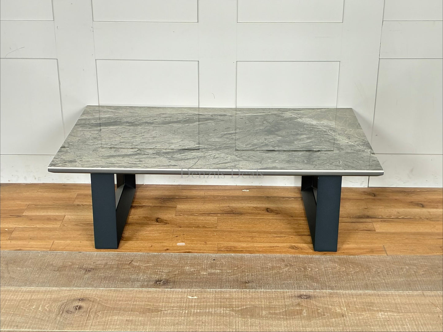 Contemporary Dwell Teno grey marble-effect ceramic coffee table with sleek, angular powder-coated grey metal legs