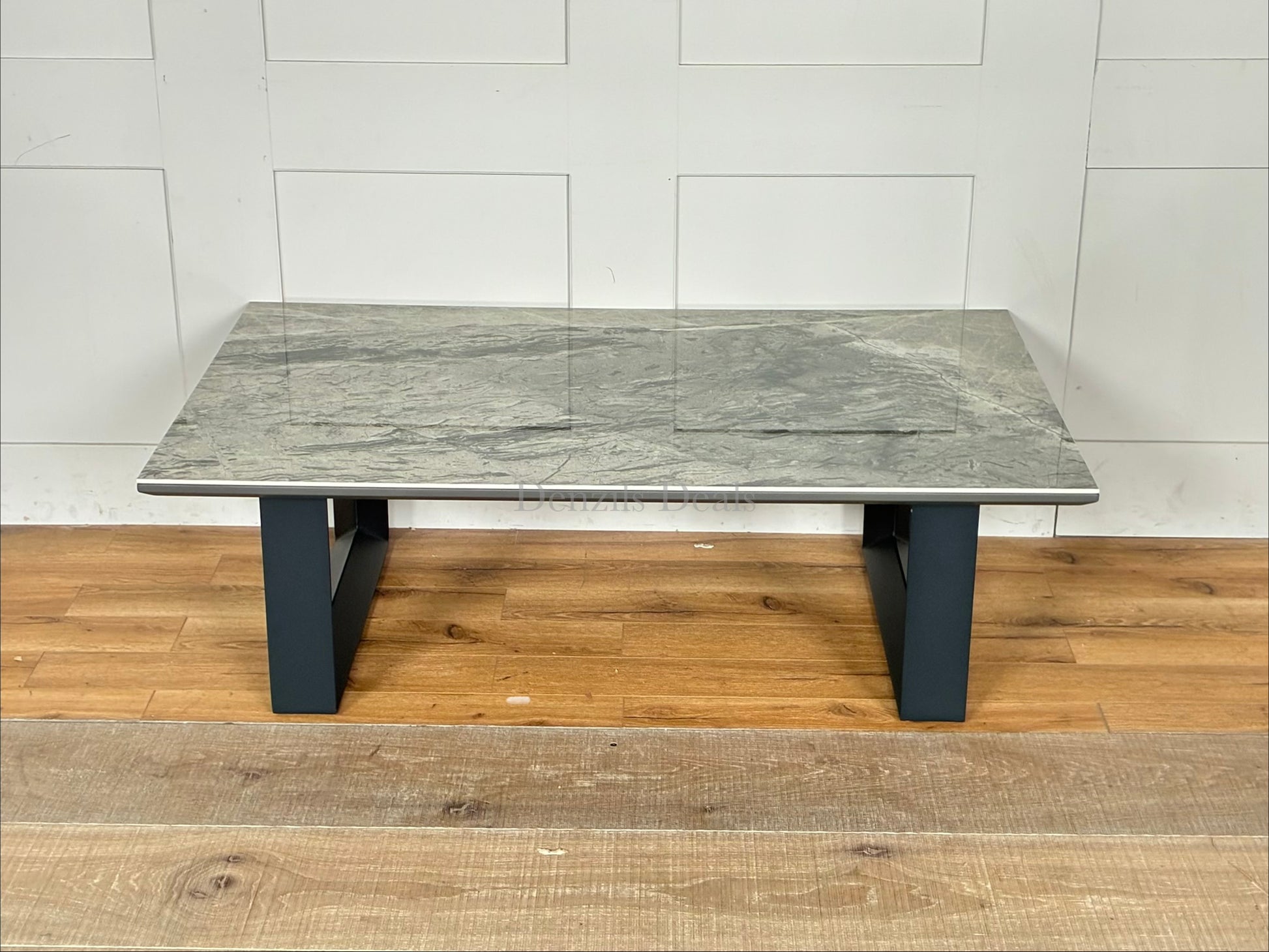 Contemporary Dwell Teno grey marble-effect ceramic coffee table with sleek, angular powder-coated grey metal legs