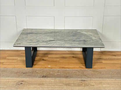 Contemporary Dwell Teno grey marble-effect ceramic coffee table with sleek, angular powder-coated grey metal legs