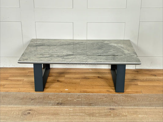 Contemporary Dwell Teno grey marble-effect ceramic coffee table with sleek, angular powder-coated grey metal legs