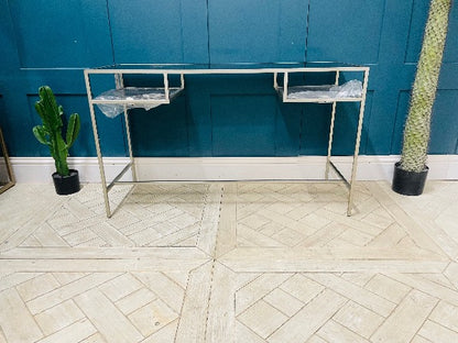 Contemporary silver metal and glass study desk with two shelves"